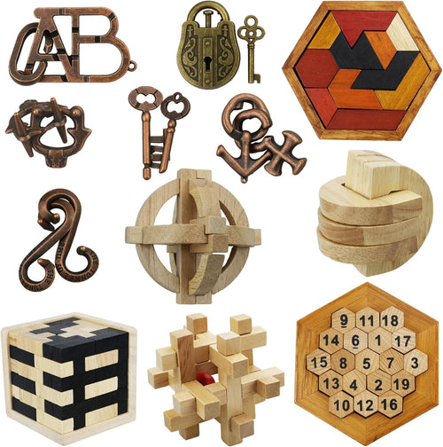 12 Pcs Wooden Brain Teaser Puzzle and Metal 3D Unlock Interlocking Jigsaw Educational Toy for Kids and Adults Brain Games Durable Easy to Assemble Birthday Gifts Educational Toys