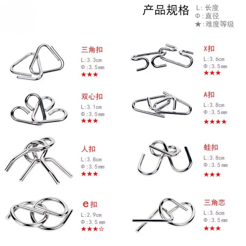 8Pcs/Set Metal Montessori Puzzle Wire Mind Brain Teaser Puzzles Children Adults Interactive Game Reliever Educational Toys