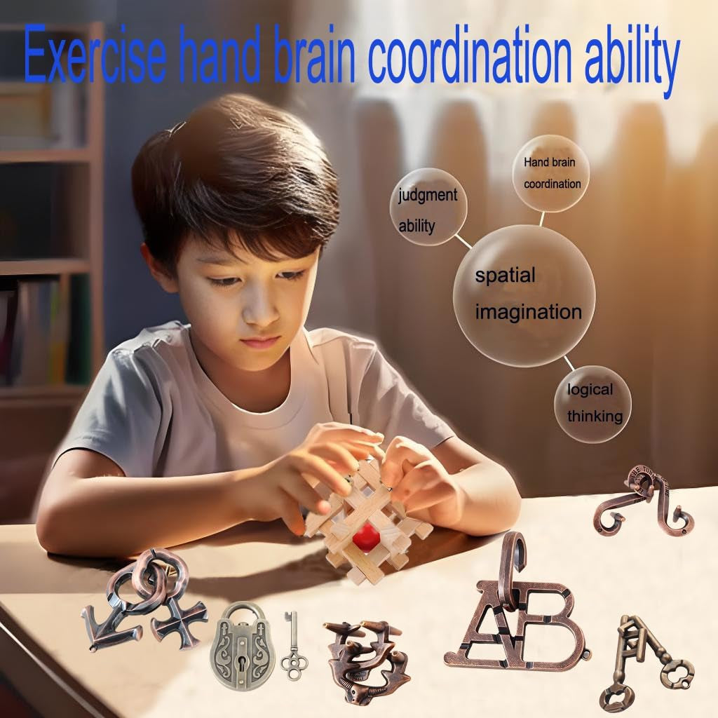 12 Pcs Wooden Brain Teaser Puzzle and Metal 3D Unlock Interlocking Jigsaw Educational Toy for Kids and Adults Brain Games Durable Easy to Assemble Birthday Gifts Educational Toys